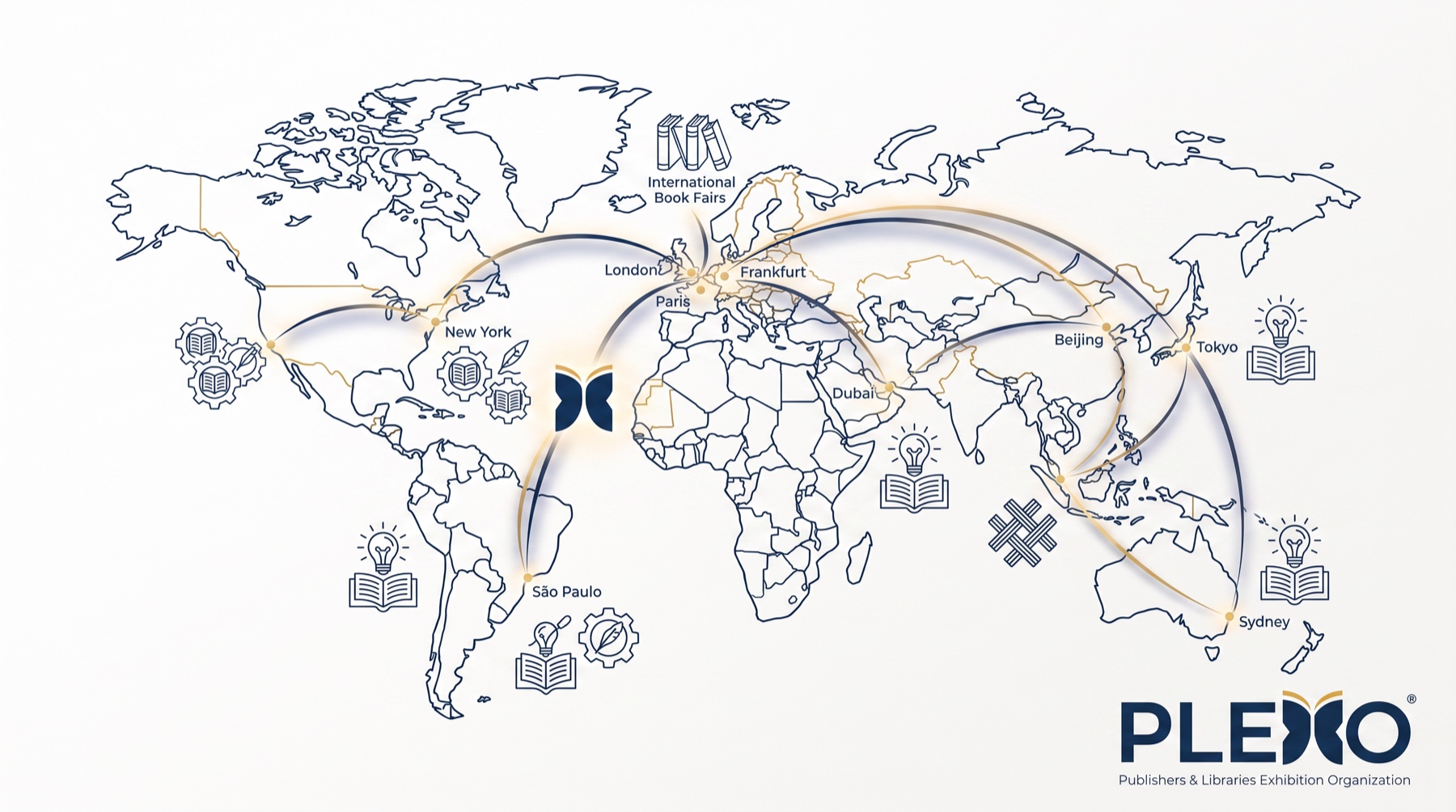 Illustrated world map tracing PLEXO’s exhibition routes between London, Frankfurt, Paris, Dubai, Beijing, Tokyo, Sydney, New York and São Paulo.