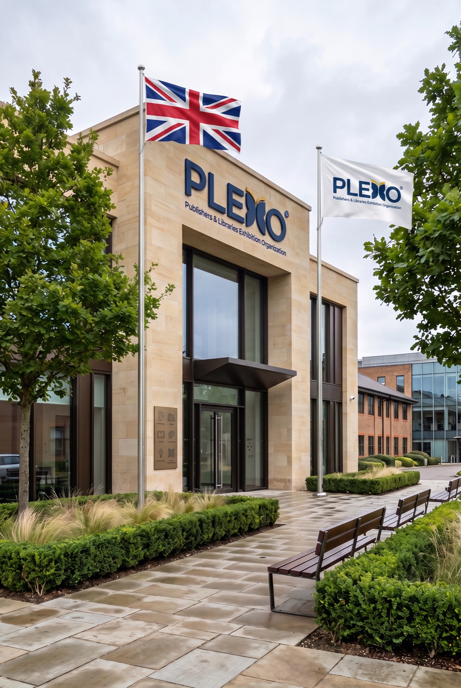 The entrance to the PLEXO headquarters, seen from the approach path.