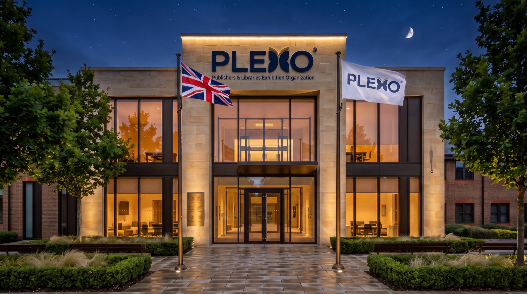 PLEXO headquarters at dusk, with the Union flag and PLEXO standard flying at the entrance.