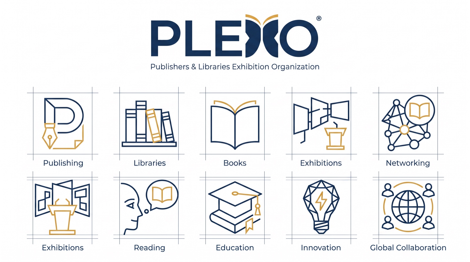 The PLEXO icon set, covering publishing, libraries, books, exhibitions, networking, reading, education, innovation and global collaboration.